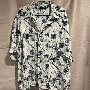 Oriental White Blue Green Dragon Design Short Sleeve Button Down